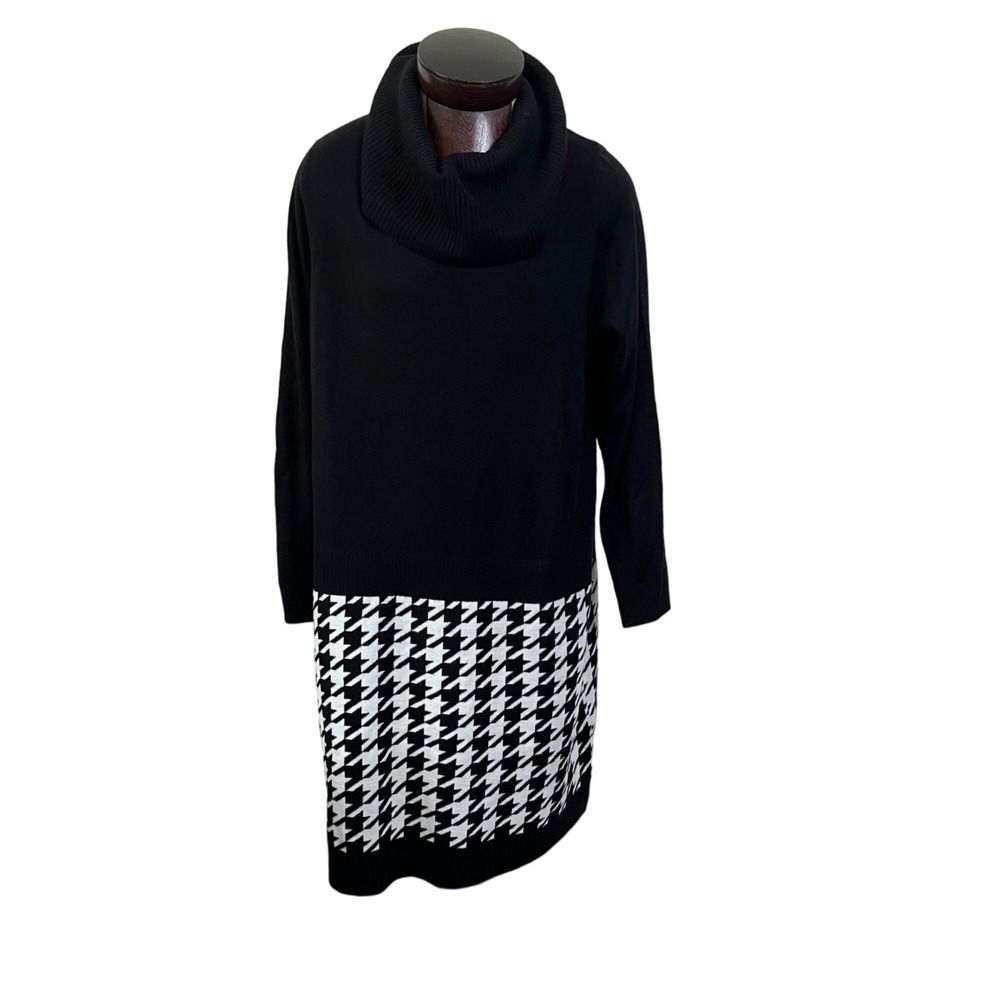 New Directions Sweater Dress Cowl Neck Black White Houndstooth 2X Preppy Classic